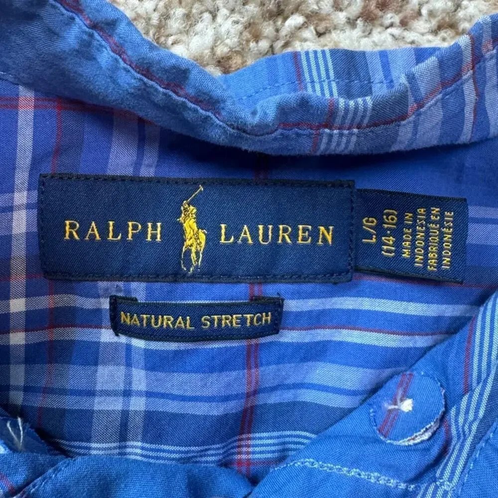 Ralph Lauren BOYS size 14/16; Collared,  short sleeve shirt, Blue Plaid print